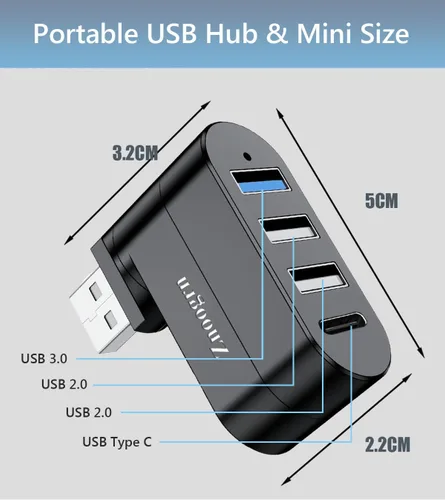 Vista 2 de Actualización: 4 puertos USB 3.0 Hub (90°/180° grados giratorio), Hub giratorio USB multipuerto con puerto USB C de alimentación/datos, extensor USB