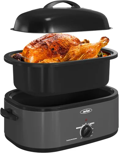 Vista 10 de Sunvivi Horno asador eléctrico con tapa visible, horno asador de pavo de 24 cuartos de galón con sartén y estante extraíbles, acero inoxidable