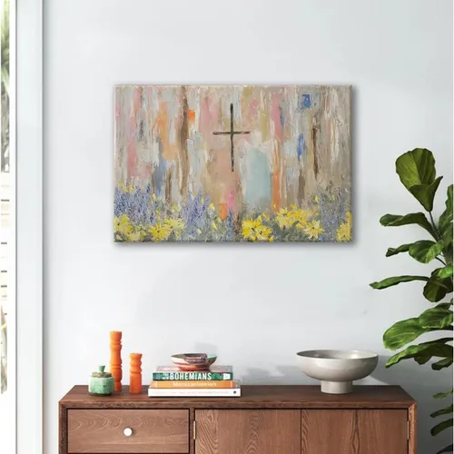 Vista 2 de Arte de pared enmarcado con cruz y flores, pintura al óleo floral cristiana, impresiones en lienzo, carteles religiosos abstractos, graffiti