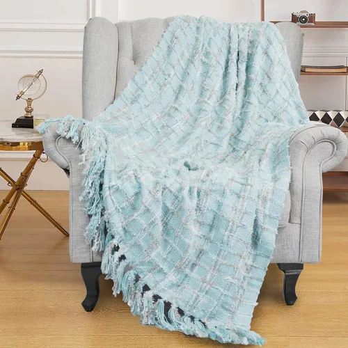 Vista 10 de Manta de punto de felpilla multicolor, suave, acogedora, esponjosa, reversible, bohemia a cuadros con borlas para sofá, silla, cama, sala de estar