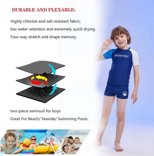 Vista 4 de karrack Traje de baño de dos piezas con protección solar UPF 50+ para niños, azul, gris (Dark Blue Grey)