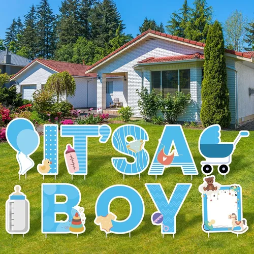Vista 7 de Elcoho 11 carteles azules con estacas con texto en inglés "IT'S A Boy", incluye letras, globo, biberón, letrero para chupete de bebé para decoración