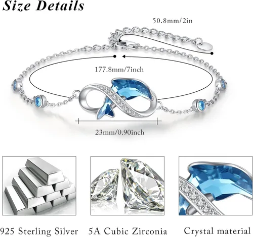 Vista 2 de Pulsera de delfín para mujer, de plata de ley, tobilleras de delfín, impermeables, hipoalergénicas, dijes de cristal, regalo único de Navidad