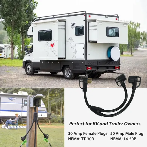 Vista 6 de Enchufe macho de 50 amperios 14-50P a dos 30 amperios TT-30R hembra RV Y cable adaptador con mango de agarre para caravana, remolque, cámper