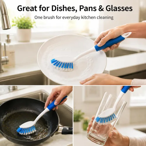Vista 4 de Cepillo para refregar platos de cocina, ollas, fregadero y baño con cómodo mango largo Cerdas duraderas, cepillo de cocina con mango