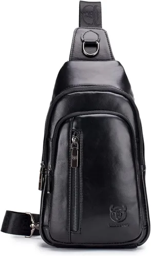 Vista 2 de Hebetag Mochila cruzada de cuero para hombres y mujeres, mochila de hombro para el pecho, multiusos, casual, Negro -, Viajar