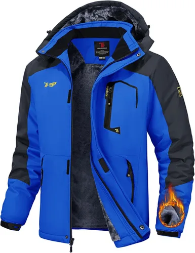 Vista 13 de TBMPOY Chaquetas de esquí para hombre, impermeables, para nieve, forro polar grueso, con capucha, para clima frío, cálido, trabajo en hielo al aire