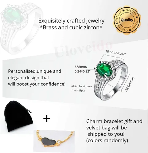 Vista 7 de Uloveido Anillos de declaración de halo de cristal de circonita roja para mujer, joyería chapada en plata PJ139, Piedra, Rubí sintético
