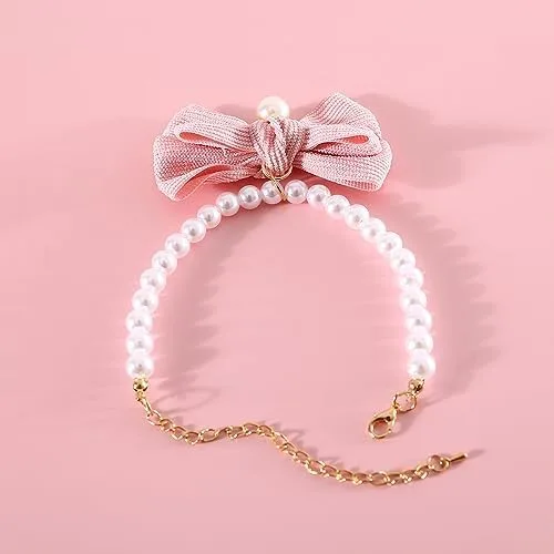 Vista 3 de Paquete de 3 collares de perlas para perro, joyas de perlas elegantes con lazos grandes, lindo collar de boda, accesorios de disfraz para perros