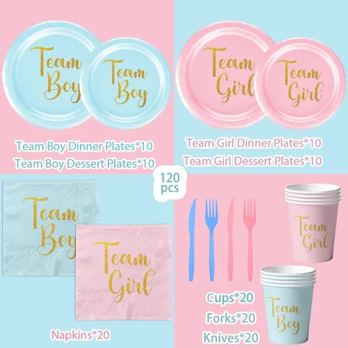 Vista 5 de 120 piezas de suministros para fiesta de revelación de género para bebé, equipo niño o niña, platos de papel, servilletas, color rosa y azul