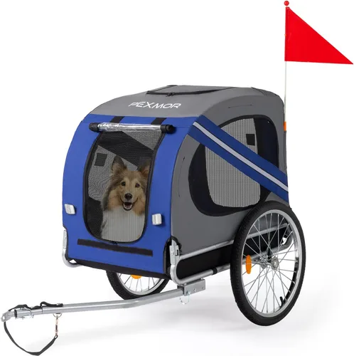 Vista 11 de PEXMOR Remolque de bicicleta para perros, carrito plegable para mascotas con enganche universal, transporte de carga para perro y ruedas de Azul