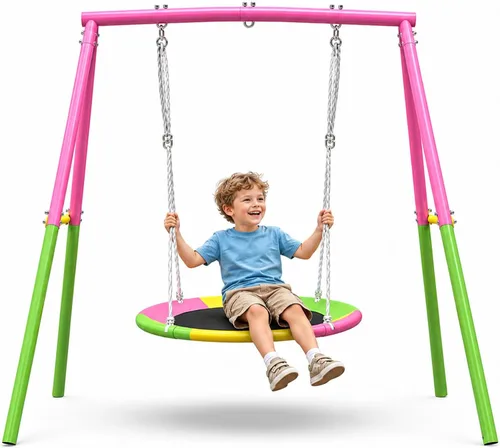 Vista 14 de DECORLIFE Columpio de platillo con soporte de marco en A resistente, juego de columpios para patio trasero, plataforma redonda de capacidad de 260