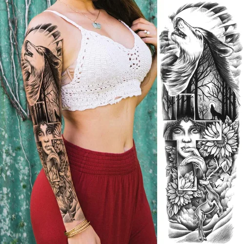 Vista 2 de Tatuajes de manga temporal de bosque para piernas de mujer, brazo completo, grande, leopardo, serpiente, león, lobo, tribal, manga de tatuaje falso