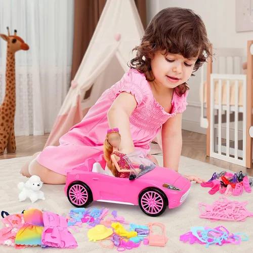 Vista 4 de Ecore Fun Juego de coche de muñeca de 11.5 pulgadas - Ropa y accesorios con Rosa