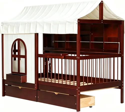 Vista 5 de Cama de casa con tienda y estantería, 2 cajones, carga USB Espresso-tt