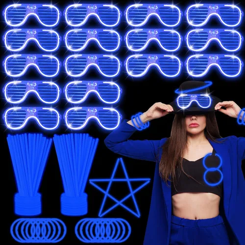 Vista 10 de 115 piezas de suministros de fiesta que brillan en la oscuridad, 100 varillas brillantes de 8 pulgadas a granel, 15 gafas, recuerdos de fiesta