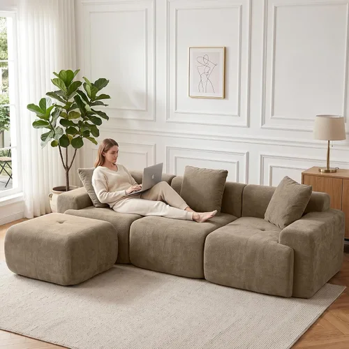 Vista 6 de HIPIHOM 105" sofá seccional modular en forma de L, sofá de tela con otomano