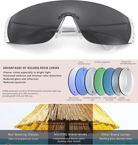 Vista 5 de NULOOQ Gafas de sol envolventes Y2K para mujeres y hombres, gafas de sol futuristas sexys sin marco, escudo de estrellas planas