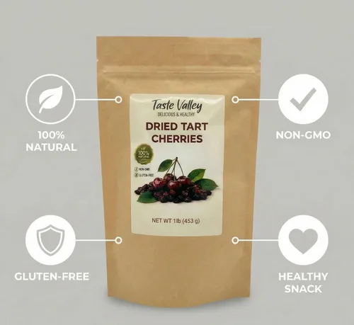 Vista 4 de Taste Valley Cerezas ácidas secas – 100% naturales sin OMG sin gluten – Sin conservantes artificiales – Cerezas Montmorency prémium para aperitivos