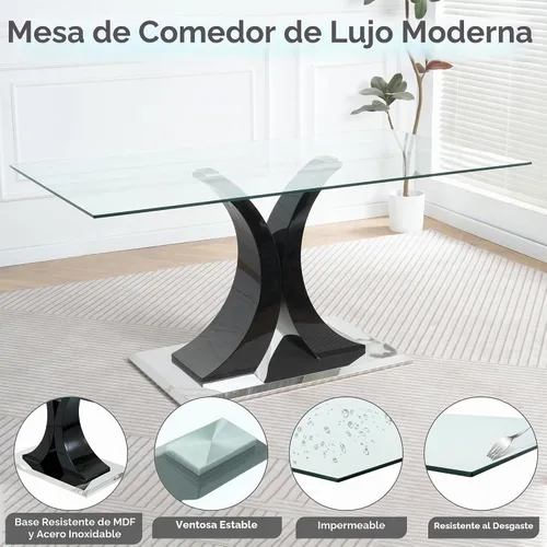 Vista 6 de Juego de comedor moderno de vidrio de lujo de 5 piezas, juego de cena rectangular minimalista grande para 4, juego de mesa de cocina de vidrio