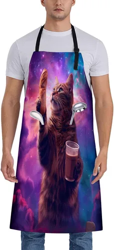 Vista 11 de Cosmic Pizza - Delantal de gato para mujer, 28 x 33 pulgadas, delantales de cocina con 2 bolsillos, poliéster, bonito delantal de gato para cocinar