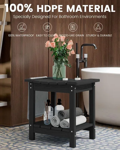 Vista 8 de SERWALL Banco de ducha, taburete de ducha de 18 pulgadas para ducha interior, HDPE, asientos de ducha impermeables para adultos con estante de Negro