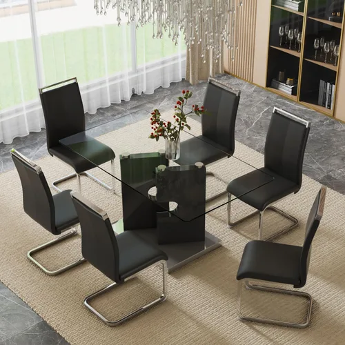 Vista 8 de Juego de 4 mesas de comedor de cristal, juego de mesa de comedor de Mesa negra+silla negra