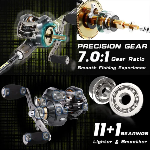 Vista 6 de Sougayilang Baitcaster Combo for Freshwater and Inshore, 2 Piece 30Ton+24Ton Graphite Fishing Rod with SuperPolymer Handle, 7.0:1 Gear Ratio