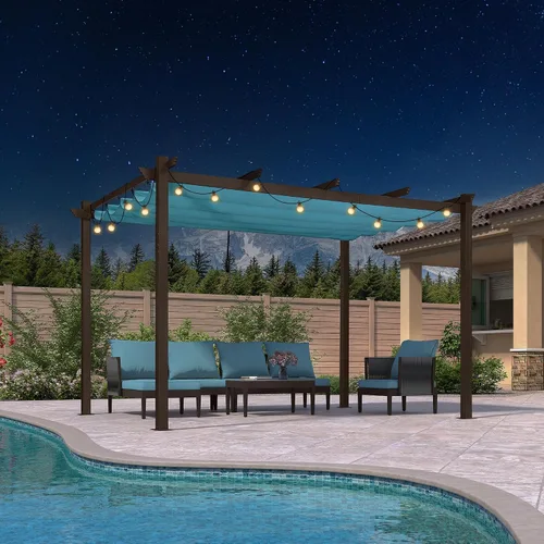 Vista 33 de PURPLE LEAF Pérgola de 10 x 12 pies con toldo retráctil, pérgola cuadrada de bronce de aluminio para patio al aire libre, junto a la piscina, beige