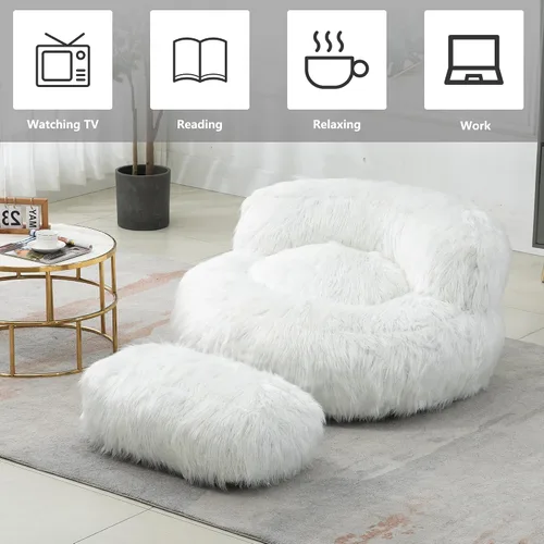 Vista 5 de Puf con reposapiés, puf de felpa con relleno incluido, suave puf para juegos, sofá gigante perezoso con otomana para adultos y niños, sala de estar