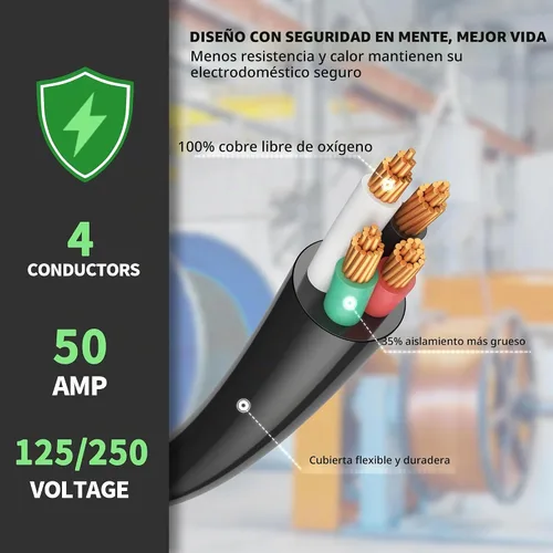 Vista 5 de POWGRN NEMA 14-50P a NEMA 14-50R Cable de extensión de alimentación de 50 amperios para RV/EV de 10 pies al aire libre con mango de agarre, cable