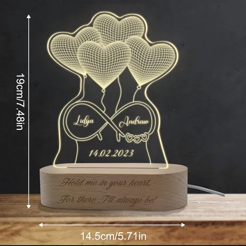 Vista 2 de Aolun Lámpara de noche personalizada con nombre, luz acrílica personalizada para parejas, letrero de texto de corazón con base para su novia Solo
