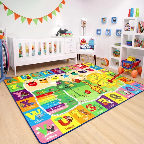 Vista 5 de Chicrug Alfombra educativa para niños de 3 x 5 pies para sala de juegos, TPR antideslizante para niños, alfombra de aula para aprender animales ABC