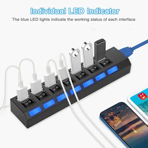 Vista 7 de vienon Hub 3.0, extensor USB de 7 puertos con interruptores LED individuales de encendido/apagado, concentrador USB3.0 para laptop, PC, MacBook, Mac