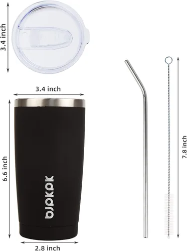 Vista 3 de BJPKPK Vaso térmico negro con tapa y pajita, de acero inoxidable, de 20 onzas, para café Pintura de caucho negro