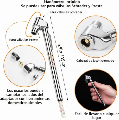 Vista 6 de RocRide Mini bomba de neumáticos de bicicleta con manómetro de presión de neumáticos de lápiz se infla a 120 PSI y funciona con válvulas Schrader