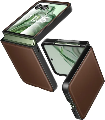 Vista 22 de Funda delgada de piel sintética para Motorola Razr Plus 2023, [cubierta frontal transparente + parte trasera de cuero duro de policarbonato] Marrón