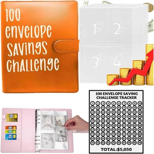 Vista 6 de Topaliving Carpeta de desafío de sobres de 100 días, forma fácil y divertida de ahorrar $5,050, carpeta de presupuesto con sobres de efectivo Azul