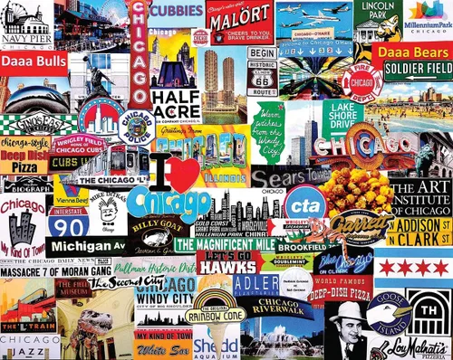 Vista 2 de White Mountain Rompecabezas de 1000 piezas de iconos de ciudad ventosa con piezas grandes para adultos y familia, 24 x 30 pulgadas, I Love Chicago