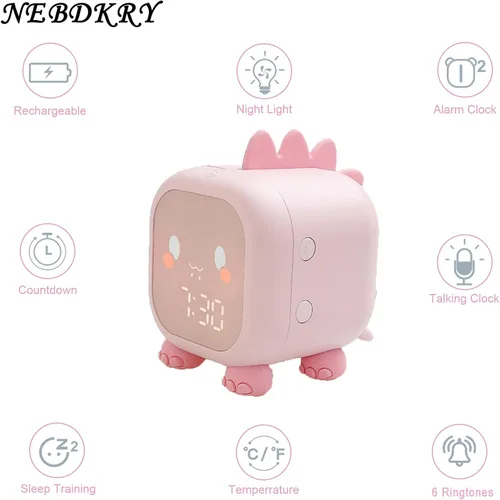 Vista 3 de Reloj despertador para niños con diseño de dinosaurio, reloj despertador digital rosa para niños y niñas con luz nocturna