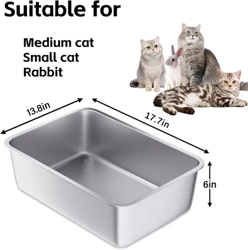 Vista 3 de Caja de arena de acero inoxidable, paquete de 2 cajas de arena de metal para gatos, caja de arena XL de acero inoxidable para gatos de 17.7 x 13.8 x