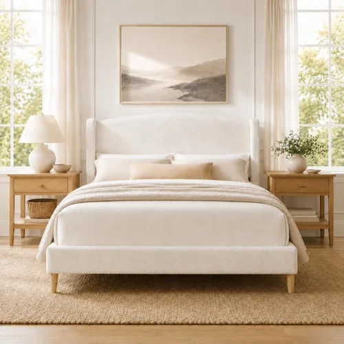 Vista 14 de Kelway - Base de cama tamaño Queen Boucle tapizada con cabecera curvada ajustable, no necesita somier, color beige