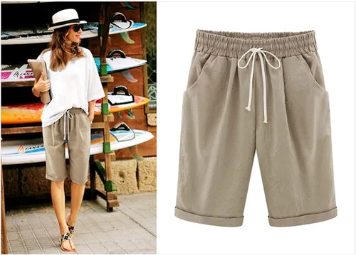 Vista 2 de Women Drawstring Elastic Bermuda Shorts Solid Pocket Summer Beach Long Shorts Loose Comfy Casual Curling Lounge Shorts