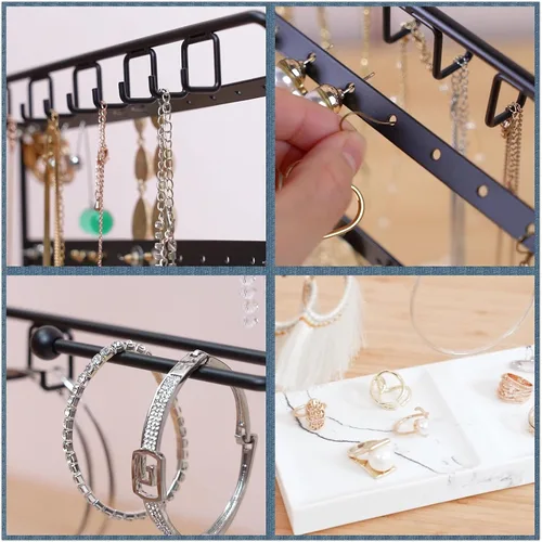 Vista 9 de LKKL Organizador de joyas con bandeja de resina, soporte para collar y organizador de aretes, soporte de joyería para aretes, collares, pulseras