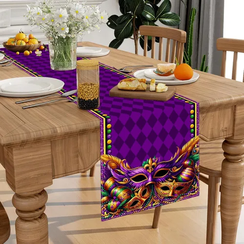 Vista 3 de Camino de mesa de Mardi Gras, carnaval de Brasil, Nueva Orleans, martes graso, mantel para fiesta de máscaras, decoración y suministros de diamantes