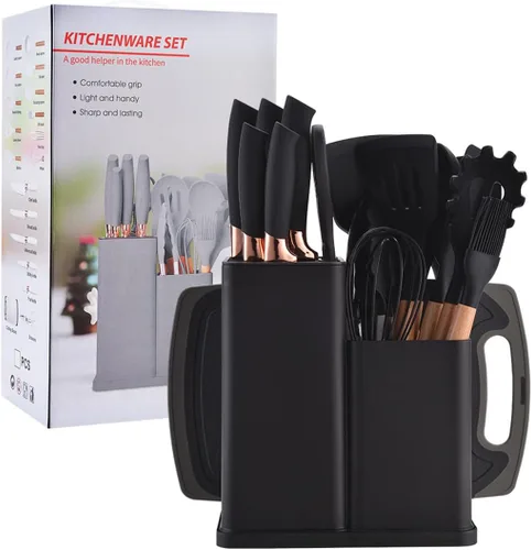 Vista 11 de Juego de utensilios de cocina y cuchillos de 19 piezas con bloque, 9 piezas de utensilios de cocina de silicona, 5 piezas afiladas de acero Beige