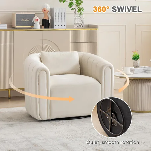 Vista 5 de ANJ Silla giratoria decorativa, silla de barril de terciopelo para sala de estar, cómodo sillón moderno, completamente montado (beige)