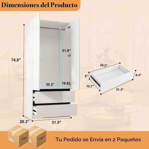 Vista 2 de Armario Ropero Closet con Cajones: Armario Grande Blanco de 75" con 2 Puertas para Colgar Ropa, Armarios de Madera Modernos para Dormitorio con 2