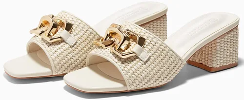 Vista 5 de Coutgo Sandalias de cuña con tacón grueso de rafía para mujer, con punta abierta, cuadradas, con cadena metálica, sin cordones, elegantes