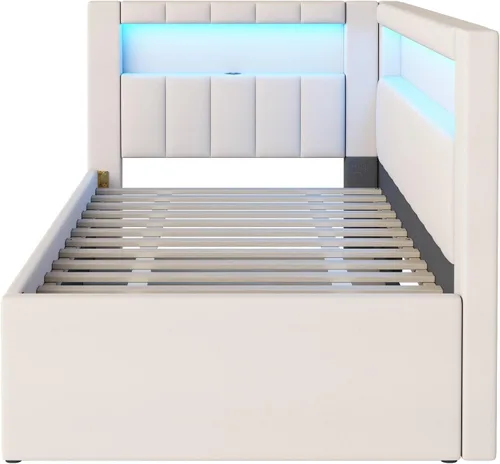 Vista 6 de Cama de plataforma tapizada de tamaño individual con puertos USB y luces LED, sofá cama con nido y cabecera en forma de L, cama esquinera suave